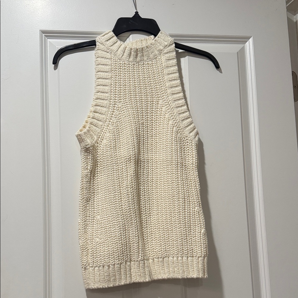 Trina Turk Cream Cable Knit Sleeveless Mock Neck Sweater